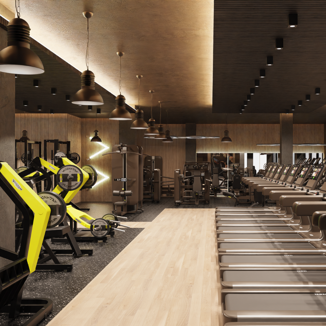 A gym room featuring several treadmills and bright wall lights illuminating the space.