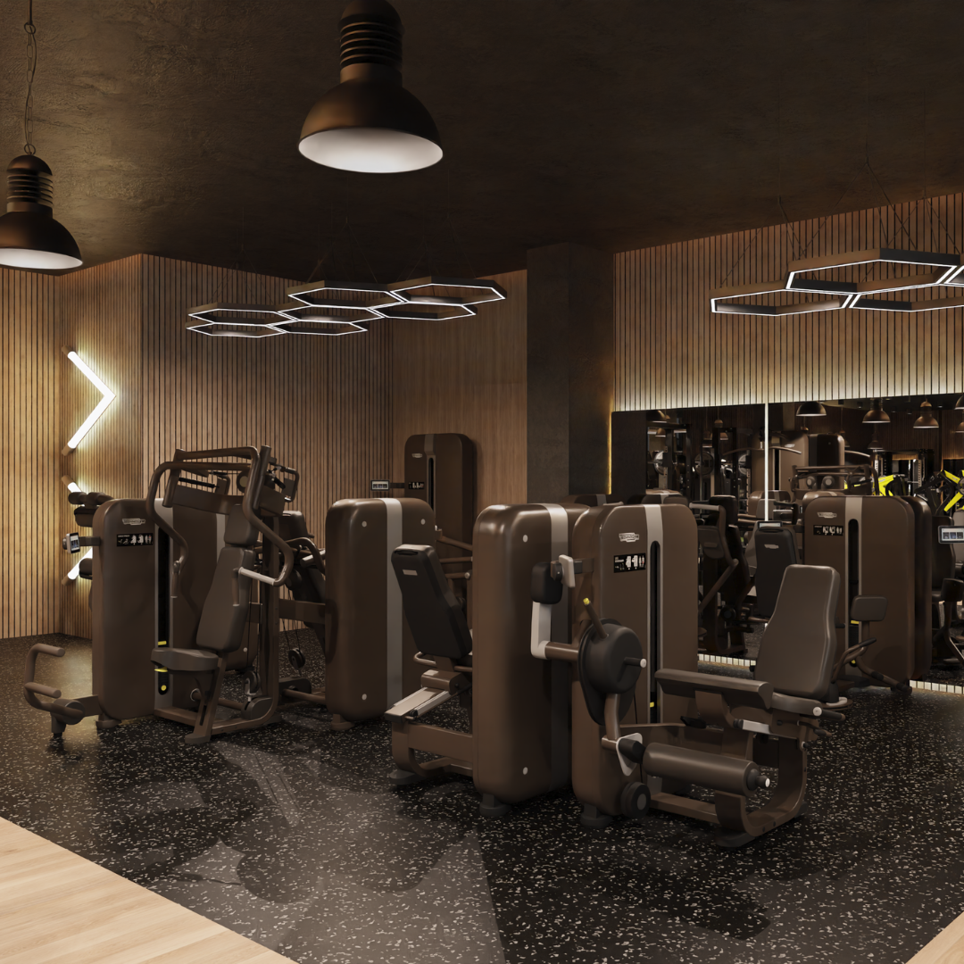  Interior of a gym showcasing diverse fitness equipment like benches, dumbbells, and cardio machines.