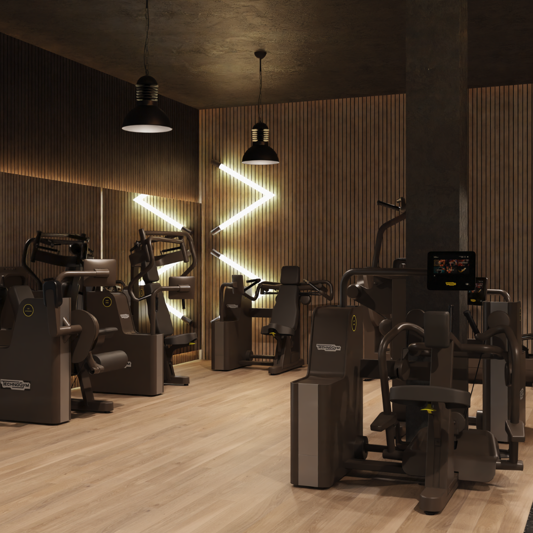 A spacious gym filled with exercise machines and bright decorative wall lights.